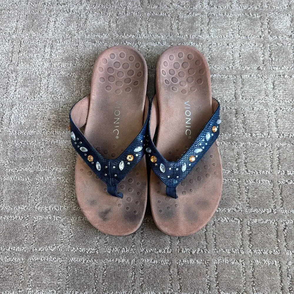 Vionic Lucia Flip Flop Sandal Women's 6.5 Navy Jewel Thong Comfort Vacation
